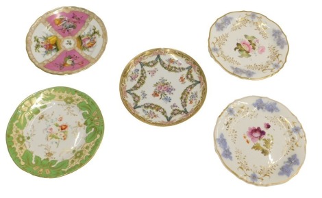 A Dresden Helena Wolfsohn style plate, decorated with figures, flowers, etc., on a pink ground, pair of 19thC English dessert plates, each decorated with flowers to the centre, another similar green ground plate, and a Capodimonte plate. (AF)