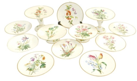 A 19thC porcelain dessert service, painted with floral sprays and gilt bordered, comprising two large cake plates, two small cake plates and eight plates.