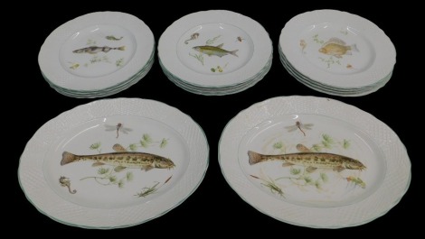 A Marlborough Old English ironstone by Simpsons part fish service, each piece decorated with a coarse fish, to include barbel, perch, etc. (AF)