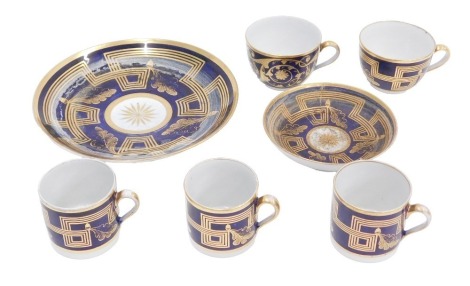 A 19thC porcelain part tea and coffee service, each piece decorated with oak leaves, in gilt, on a cobalt blue ground. (7)