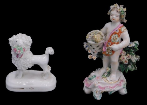 A late 18th/early 19thC Derby porcelain bocage figure of a putto, with floral sash, on a rococo scroll base, 13cm high, (AF), and a 19thC Staffordshire porcelain poodle. (2)