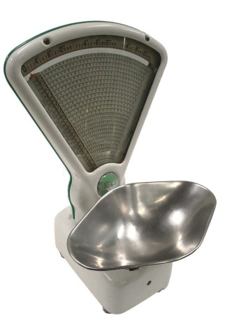 A set of Avery vintage scales, on white and green finish with stainless steel bowl, 61cm high.