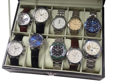 Ten replica gent's fashion watches, replica brands, Zenith, Mido, and others, in black leatherette watch case.