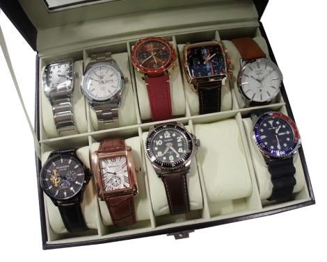 Nine gentleman's fashion watches, to include Benally, replica Seiko, and others, some replica brands, in black leather watch case.