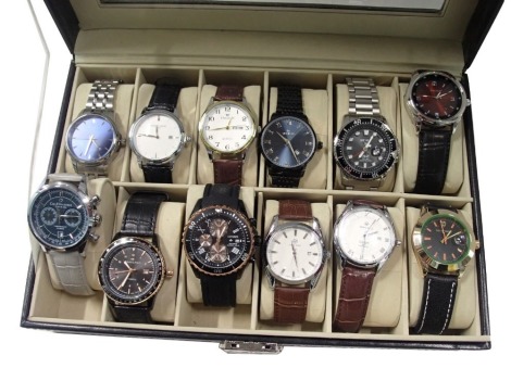 Twelve gentleman's fashion watches, to include Mido, Hamilton, Citizen, replica Seiko, and others, in black leatherette watch case.