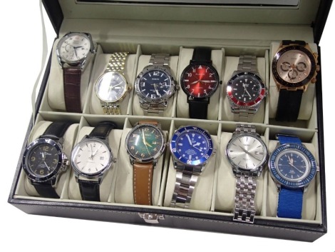 Twelve gentleman's fashion watches, to include North, replica Seiko, Certina, Hamilton, Bell and Ross, and others, in black leatherette watch case.