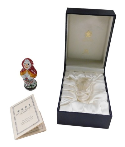 A Halcyon Days enamel snowman pill box, baboushka, 8cm high, boxed with certificate.