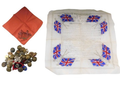 Various military buttons, a 1938 silver napkin memorandum, napkins, enamel badges, etc. (a quantity)