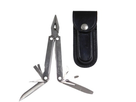 A Leatherman tool pocket knife, in leather scabbard.