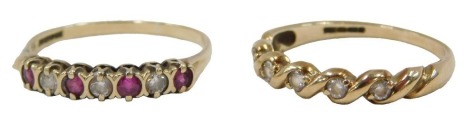 Two dress rings, comprising a 9ct gold twist ring set with tiny diamonds, ring size R½, 9ct gold, CZ and garnet set half hoop dress ring, ring size S½, 3.3g all in.