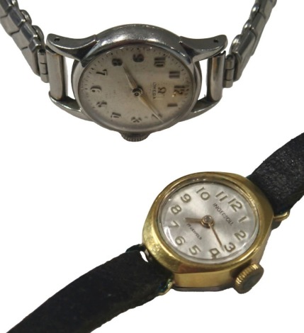 Two lady's wristwatches, comprising an Omega lady's wristwatch, with silvered numeric head, in a stainless steel backing, on expanding stainless steel strap, and an Ingersoll gold plated and stainless steel backed lady's wristwatch, on black leather strap