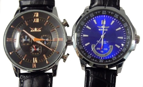 Two Winner automatic gent's wristwatches, comprising one with a blue finished dial, 4cm diameter, on stainless steel back, model U8032, boxed, and a further wristwatch stamped Jaragar gent's chronograph, model A369, stainless steel casing, on black leathe