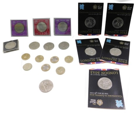 Thirteen various five pound coins, and seven collectors two pound coins. (1 box)