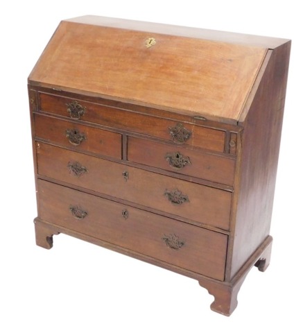 A mahogany bureau, the fall enclosing fitted interior above an arrangement of three long and two short drawers, on bracket feet, 18thC but adapted, 88cm wide.