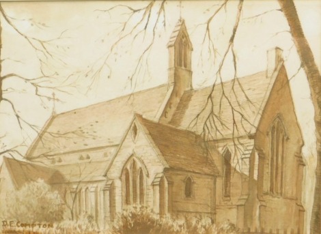 D.E. Crompton (19thC/20thC). Church, watercolour, signed, 21cm x 29cm.