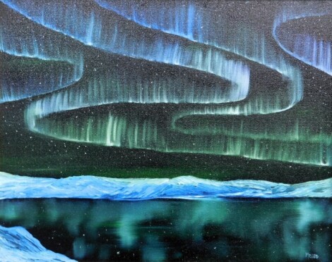 Mark Reed (b.1955). Northern Lights, oil on board, signed, dated 2023, titled verso, 39.5cm x 49.5cm. Artist label verso.