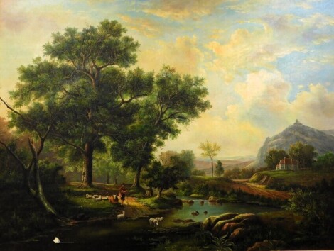 20thC Continental School. Goat herder at waters edge, extensive landscape, oil on canvas, 90cm x 120cm.