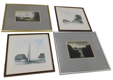 20thC British School. Landscape, watercolour, indistinctly signed, 14cm x 22cm another, and two framed prints (4).