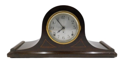 An Edwardian mahogany and marquetry Napoleon's hat shaped mantel clock, the dial stamped Seth Thomas Made in USA, 53cm wide. (AF)