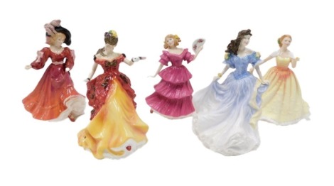 Five Royal Doulton porcelain figurines, Patricia, Belle, Deborah, Rebecca, and Jennifer, some boxes.