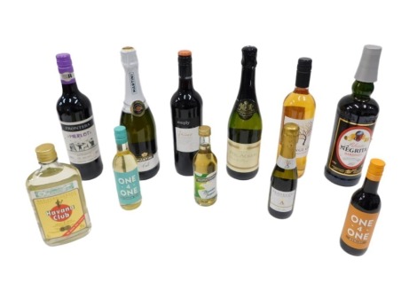 A collection of wines and spirits, to include Negrita, sparkling wine, Merlot, etc.