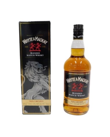 A bottle of Whyte and Mackay Blended Scotch whisky triple matured, boxed.