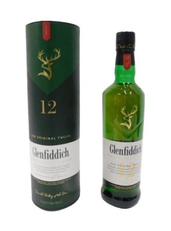 A bottle of Glenfiddich Single Malt Scotch whisky, Aged 12 Years, boxed.