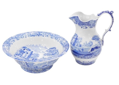 A Spode Italian pattern blue printed wash jug and bowl, the jug 30cm high.