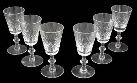 A set of six Edinburgh Crystal white wine glasses, each with a tapering bowl, boxed.