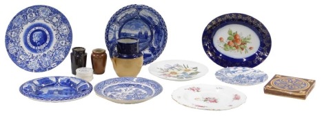 Miscellaneous ceramics, to include a Minton patent Victorian gothic style tile, 15cm wide, blue and white plates, Royal Doulton Hague and Hague whisky jug, etc.