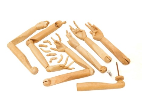 Various carved beech artist's arm and hand models, various lengths, etc.