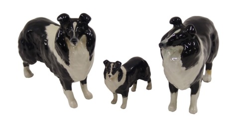 Two ceramic collies, in the manner of Beswick, 14cm high, and a smaller Beswick collie.