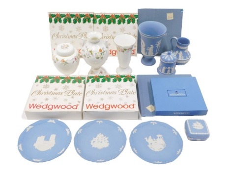 Wedgwood, comprising Wedgwood blue Jasperware, vase, jug, square trinket box and cover, and domed and lidded jar, Wedgwood Mirabelle pattern vases, ginger jar and cover, and various collector's plates. (a quantity)