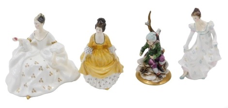 Three Doulton porcelain figurines, Coralie, My Love, and Minuet, and a capodimonte figure of a seated boy on a gilt base. (AF)