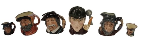 Four large Royal Doulton character jugs, The Sloth, Sancho Panza, Rip Van Winkle, and Falstaff, and two smaller examples, Dick Turpin, and Rip Van Winkle. (6)