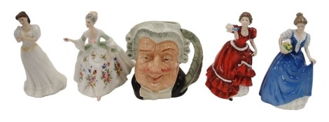 Four Royal Doulton porcelain figurines, Maria, Pauline, Diana, and Helen, boxed, and a large Doulton character jug, The Lawyer.