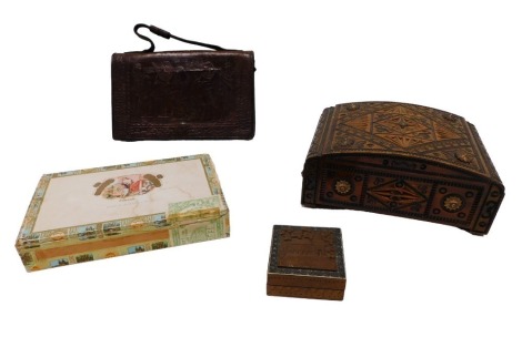 A Habana Cuban cigarette box, an Egyptian brown leather embossed purse, and an Eastern inspired jewellery box. (3)