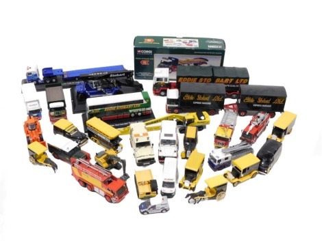 Diecast playworn vehicles, comprising Minton's Tea advertising trucks, Eddie Stobart, various trucks and agricultural, Corgi Classics Eddie Stobart, etc. (2 boxes)