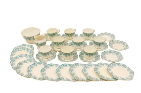 A 19thC blue and white part tea set, comprising milk jug, sugar bowl, side plates, teacups and saucers. (1 tray)