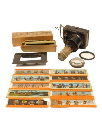 A group of Magic Lantern Primus slides, various topographical landscapes, and a miniature lantern. (1 box)