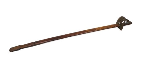 A Victoria infantry officer's sword, with stainless steel embossed blade, in associated partial leather scabbard, with wire work handle, 104cm long.