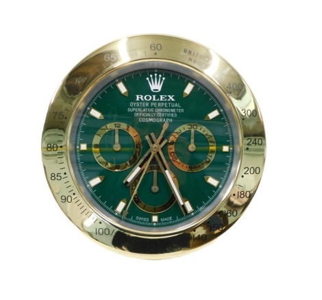 A replica Rolex Oyster Perpetual advertising clock, with green dial, 35cm diameter.