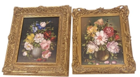 R Rosini. Still life of flowers, oil on canvas, 24cm x 19cm, and another similar signed B Veromesi, 23cm x 19cm.