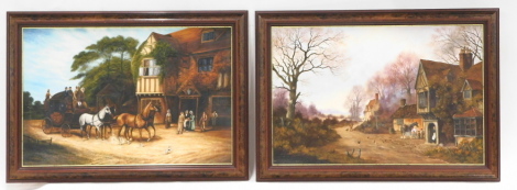 BT Davis. Coaching inn, one with horse and carriage, the other with a blacksmith, oil on canvas, a pair, 49cm x 75cm.