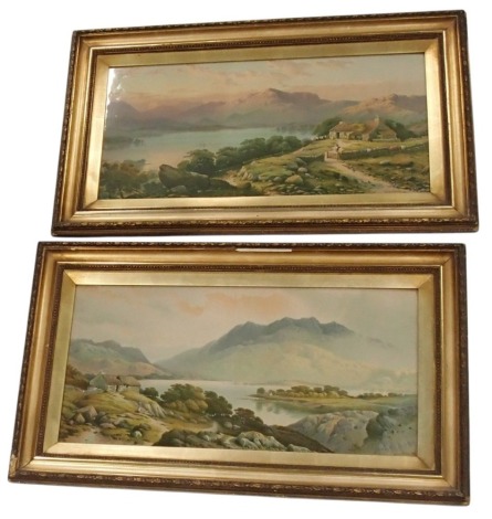 After Edwin A Penley. Loch scenes with cottages, chromolithograph, a pair, 36cm x 75cm.