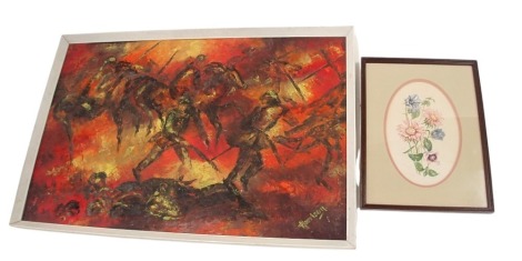 Harrison. Battle scene with soldiers on horseback, etc., oil on board, 50cm x 72cm, and a botanical watercolour signed M Staywell. (2)