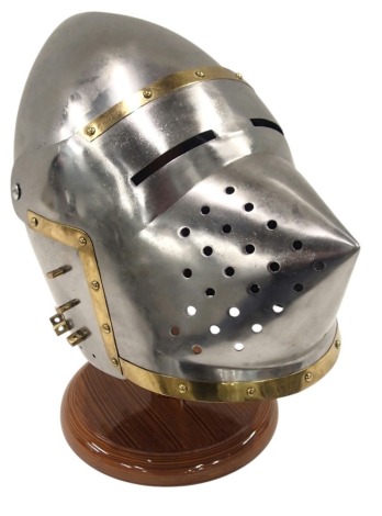 A John Barnett carbon steel replica armour helmet, on stand, 32cm high.