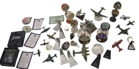 Aviation related trinkets, comprising Corgi diecast planes, model Faberge type eggs revealing planes, planes in glass bottles, hip flask, etc. (1 tray and loose)