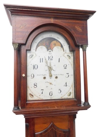 A 19thC longcase clock by Michael Robson of Chester Le Street, the arched painted dial with rotating moon phase, world map, and stylised thistles to the spandrels, with eight day movement in inlaid mahogany case, possibly associated, 215cm high.