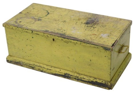 A Victorian yellow painted pine blanket box, on a plinth, 91cm wide.